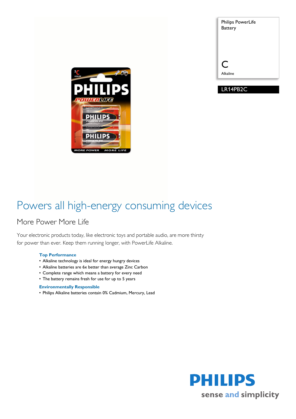 Philips Power Life LR14PB2C User Manual | 2 pages