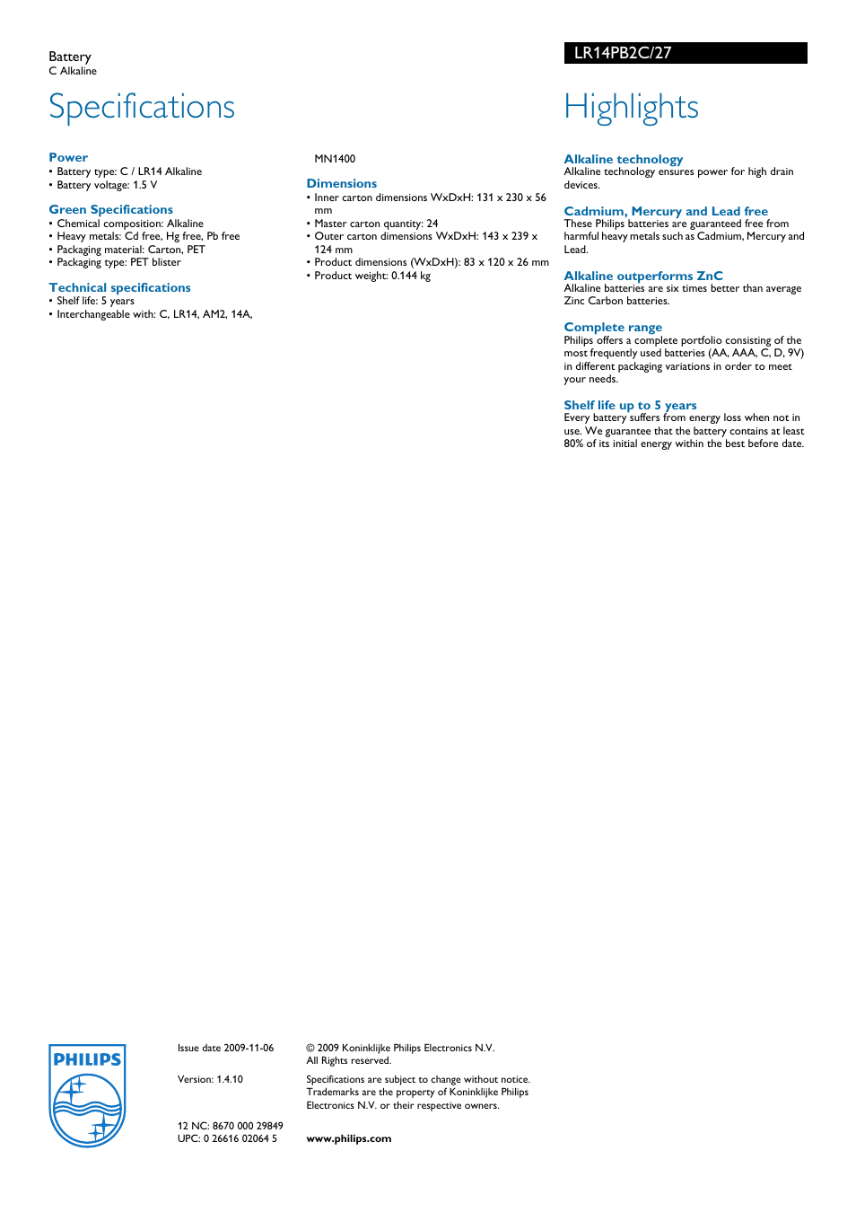 Specifications, Highlights | Philips Power Life LR14PB2C User Manual | Page 2 / 2