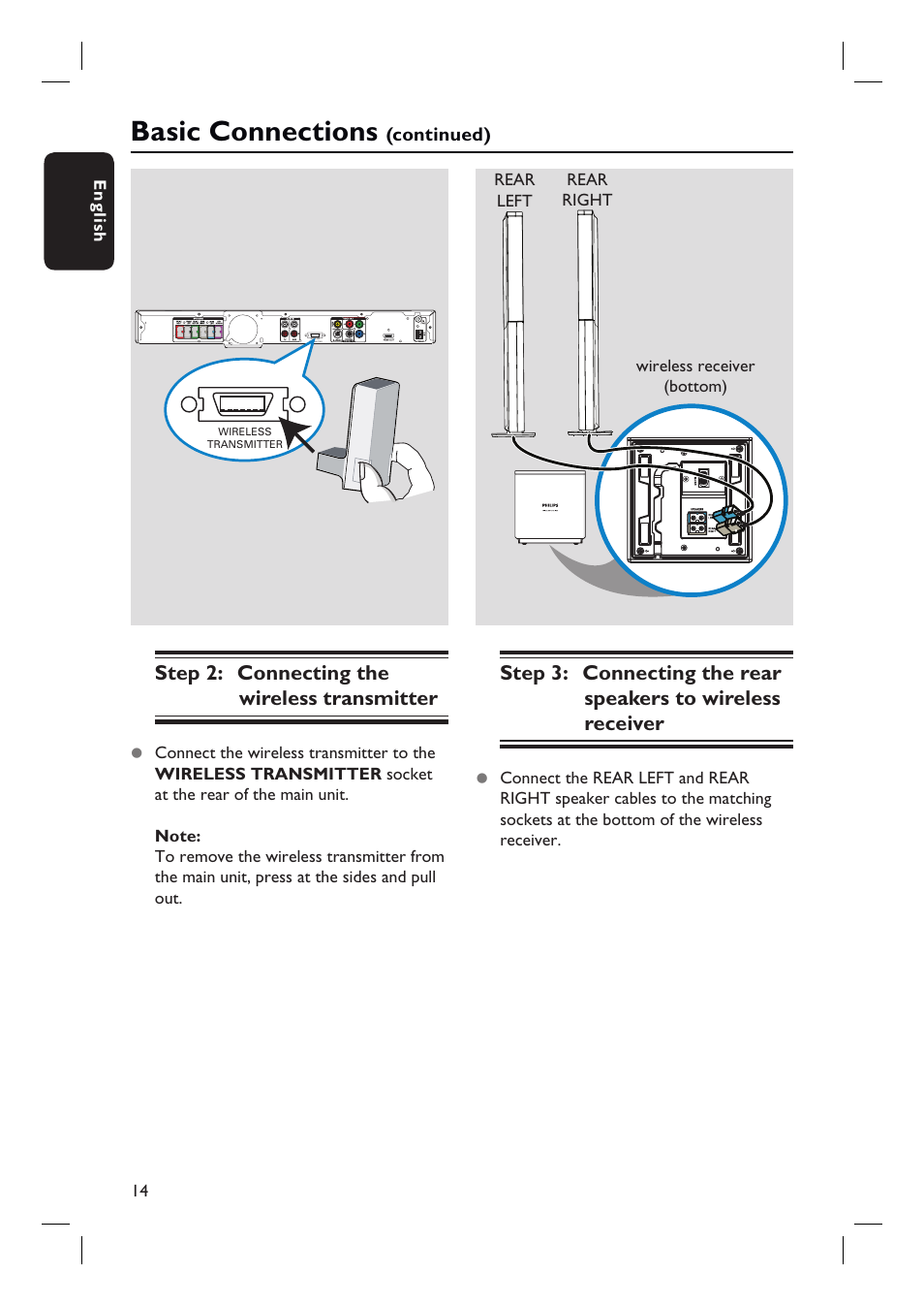 Basic connections, Step 2: connecting the wireless transmitter | Philips HTS3548W User Manual | Page 14 / 55