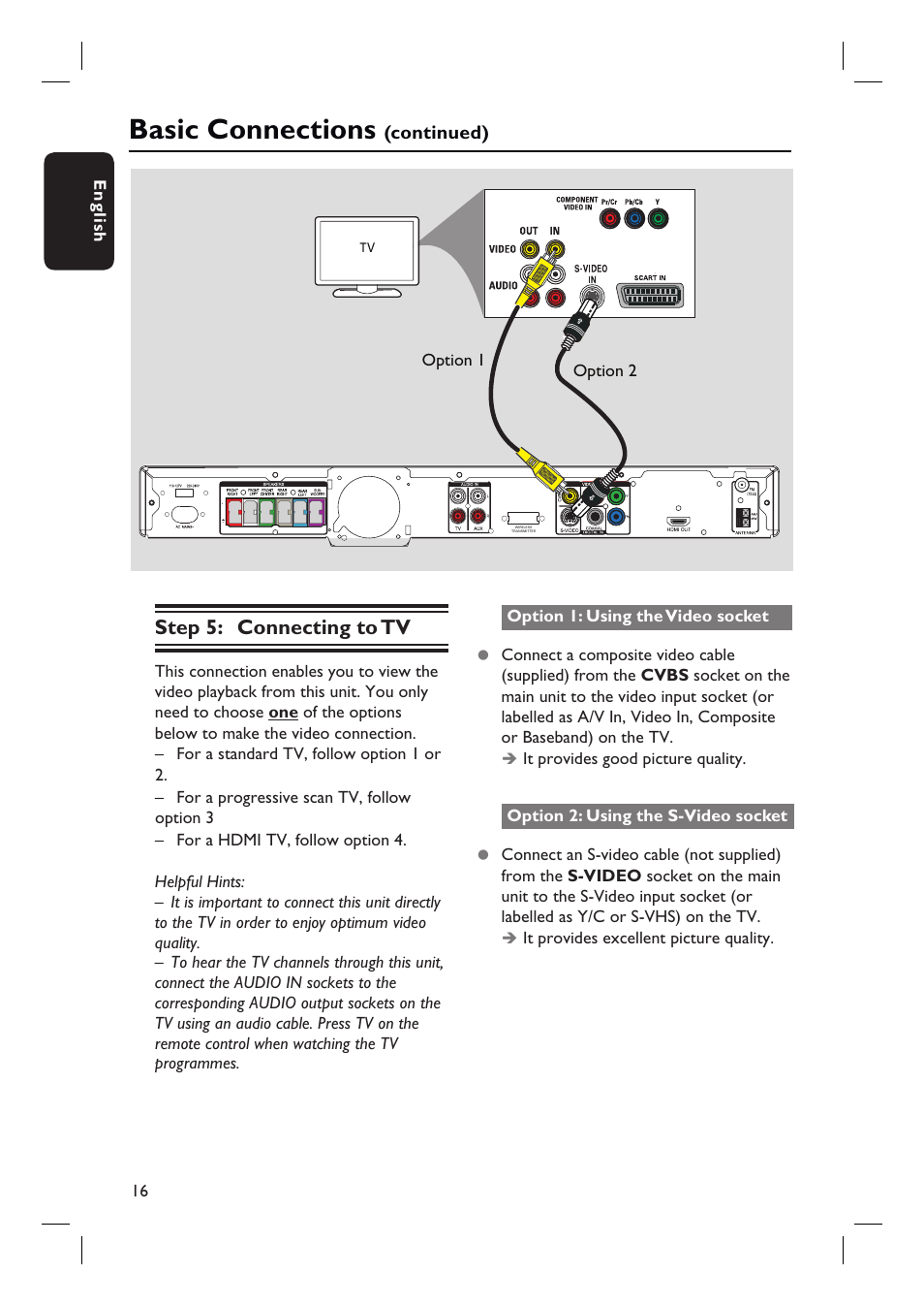 Basic connections, Step 5: connecting to tv | Philips HTS3548W User Manual | Page 16 / 55
