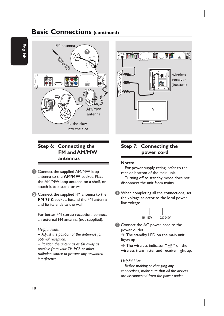 Basic connections, Step 6: connecting the fm and am/mw antennas, Step 7: connecting the power cord | Philips HTS3548W User Manual | Page 18 / 55