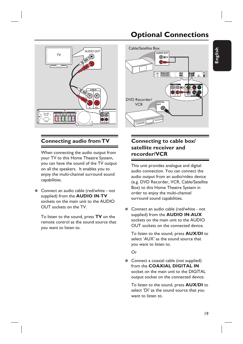 Optional connections, Connecting audio from tv | Philips HTS3548W User Manual | Page 19 / 55