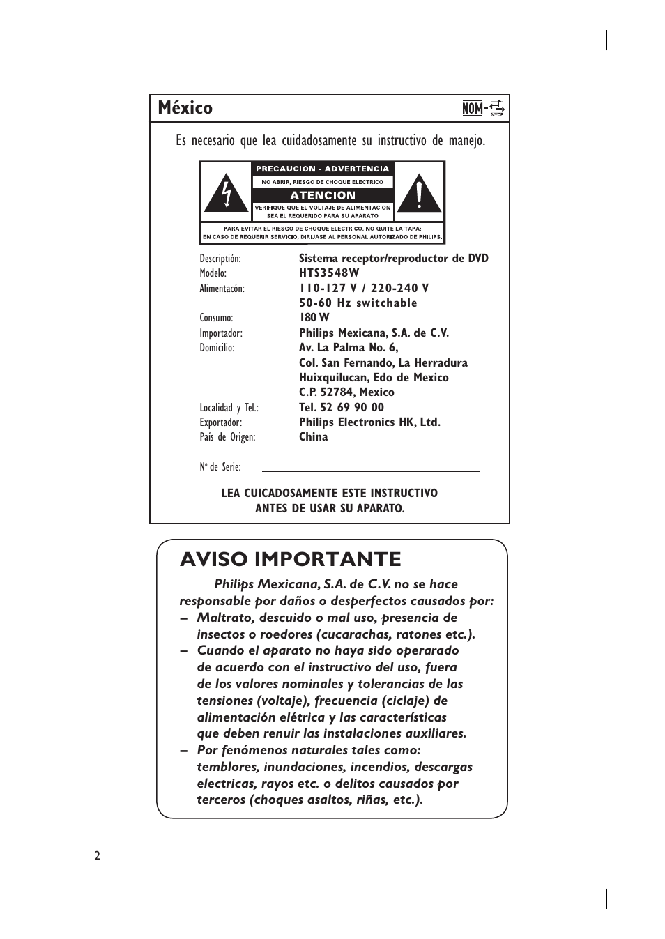 Aviso importante, México | Philips HTS3548W User Manual | Page 2 / 55