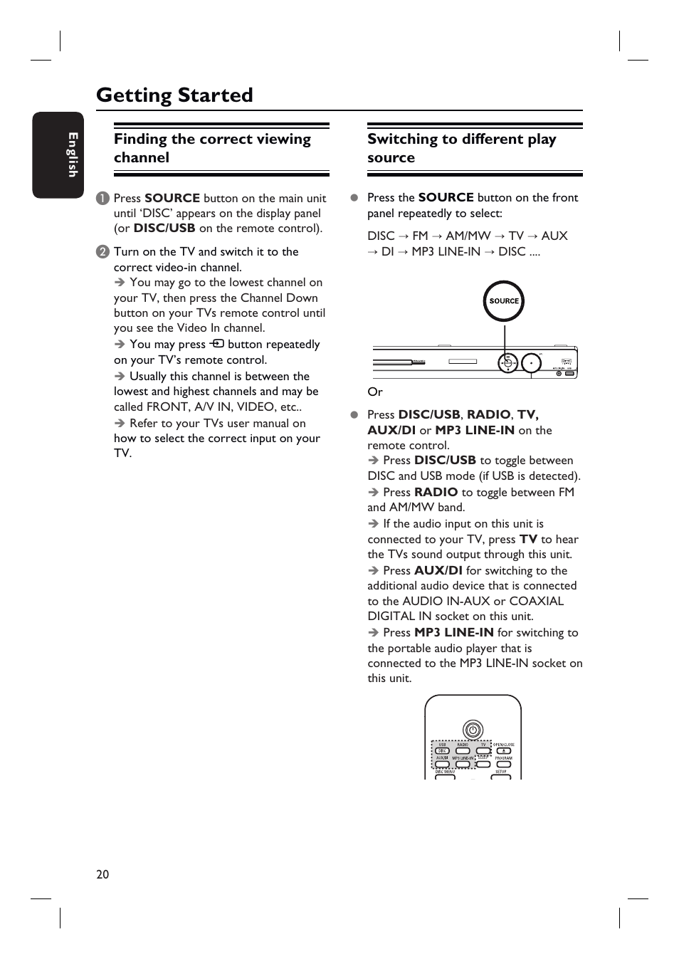 Getting started, Finding the correct viewing channel, Switching to different play source | Philips HTS3548W User Manual | Page 20 / 55