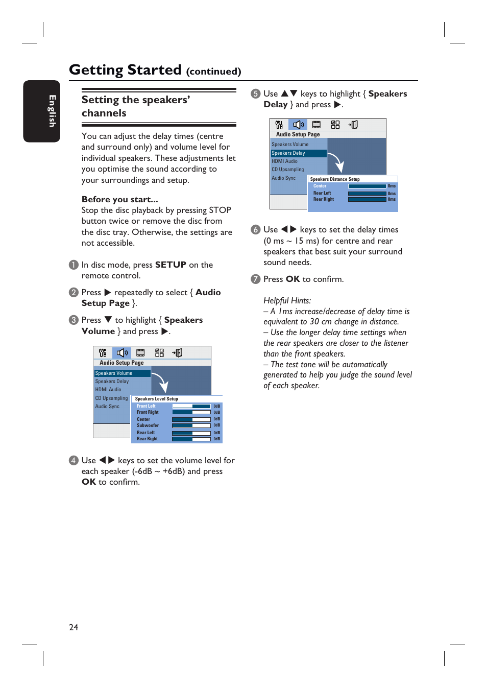 Getting started, Setting the speakers’ channels, Continued) | Philips HTS3548W User Manual | Page 24 / 55