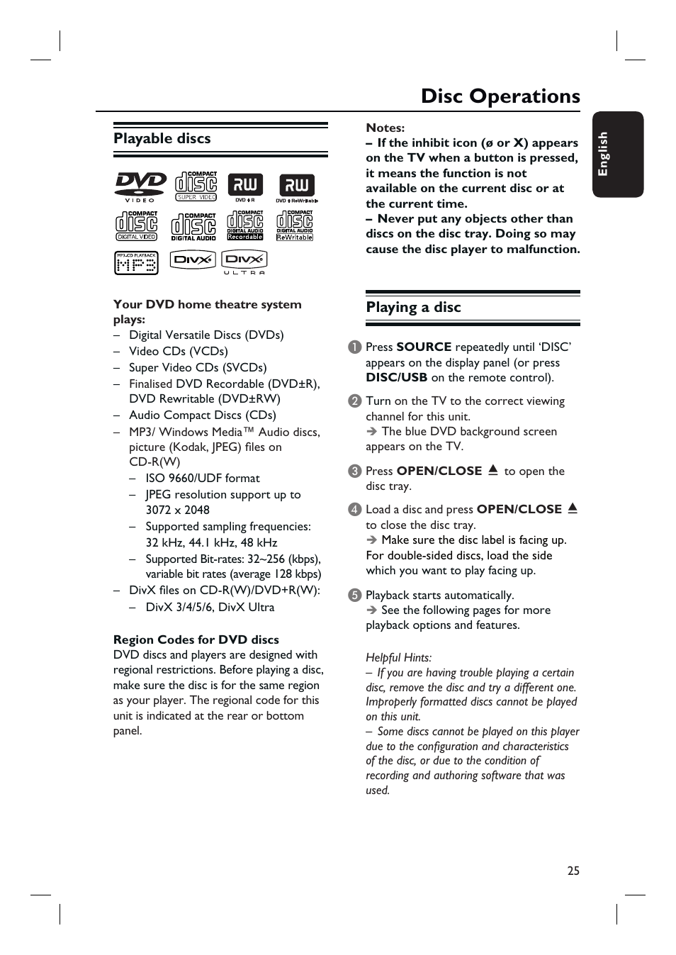 Disc operations, Playable discs, Playing a disc | Philips HTS3548W User Manual | Page 25 / 55