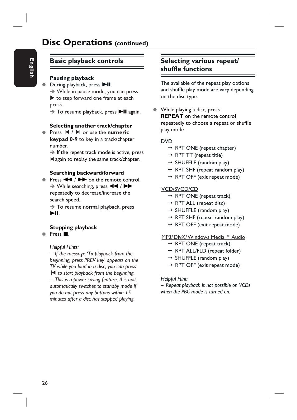 Disc operations, Basic playback controls, Selecting various repeat/ shuffl e functions | Philips HTS3548W User Manual | Page 26 / 55