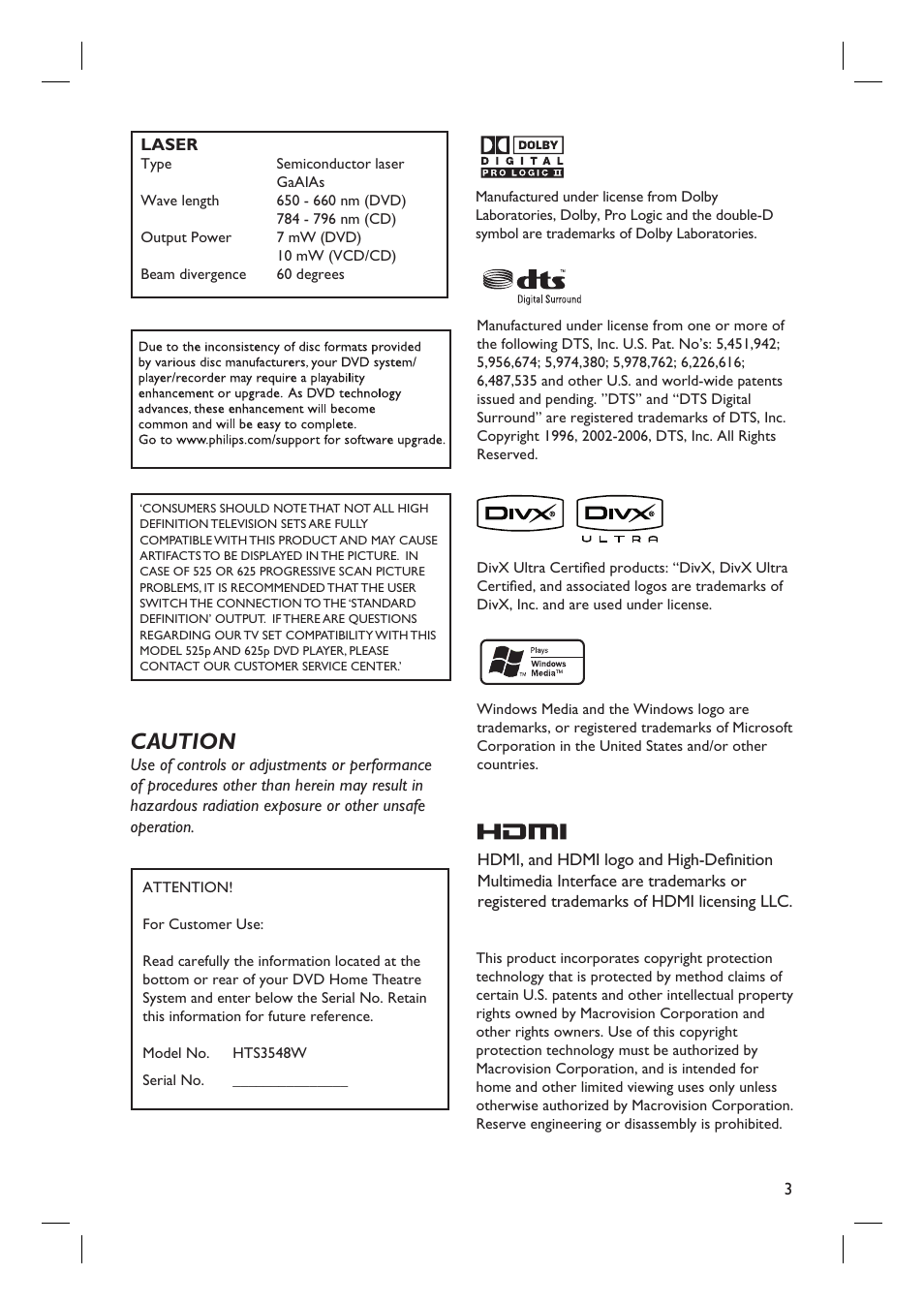 Caution | Philips HTS3548W User Manual | Page 3 / 55