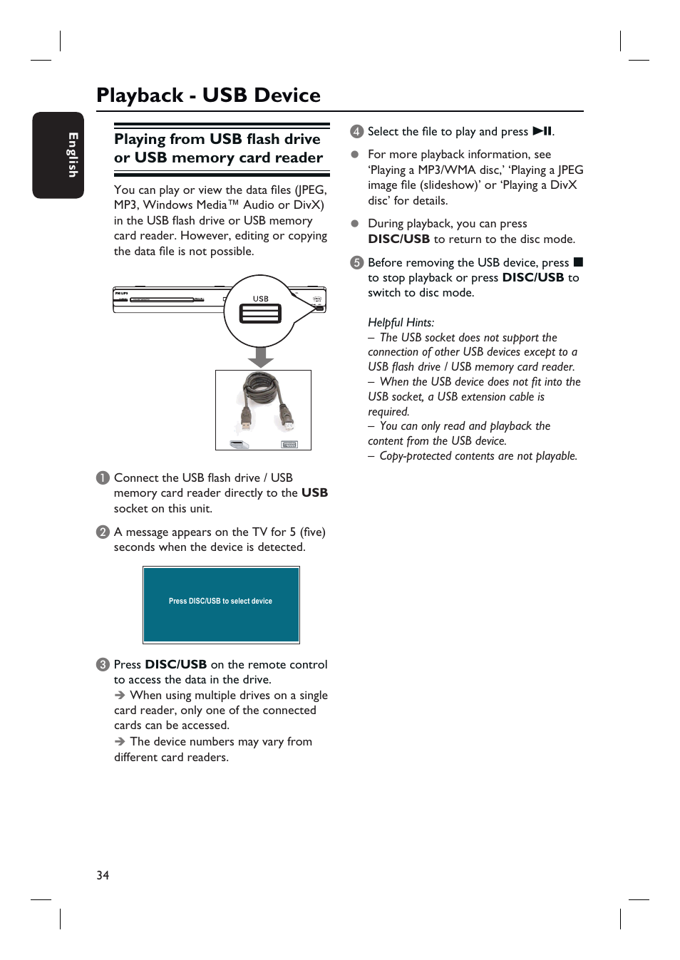 Playback - usb device | Philips HTS3548W User Manual | Page 34 / 55