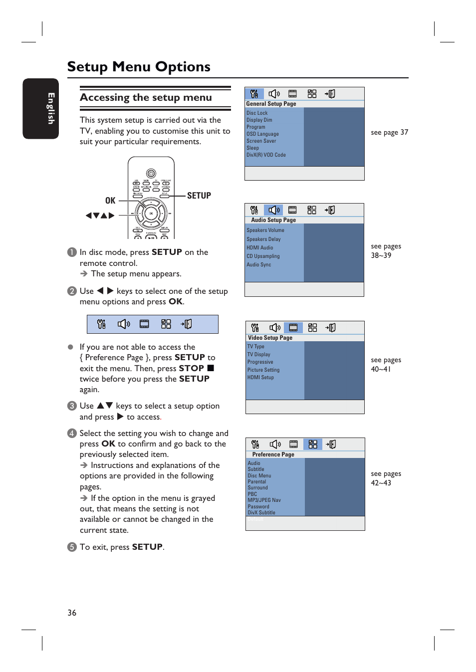 Setup menu options, Accessing the setup menu | Philips HTS3548W User Manual | Page 36 / 55