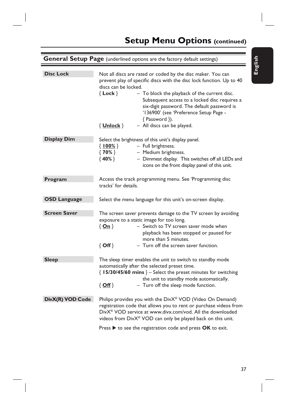 Setup menu options, General setup page | Philips HTS3548W User Manual | Page 37 / 55