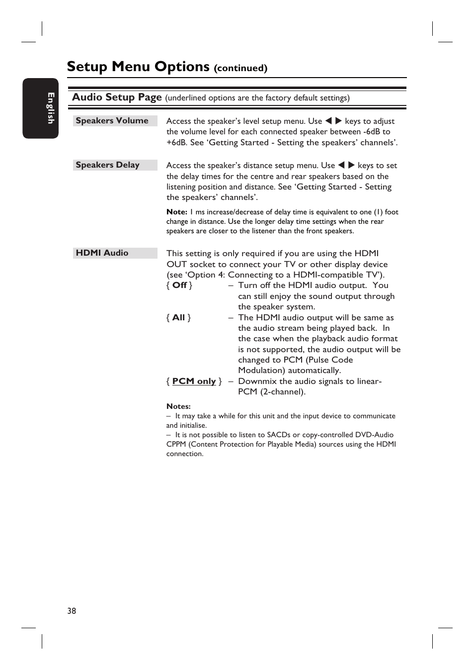 Setup menu options | Philips HTS3548W User Manual | Page 38 / 55
