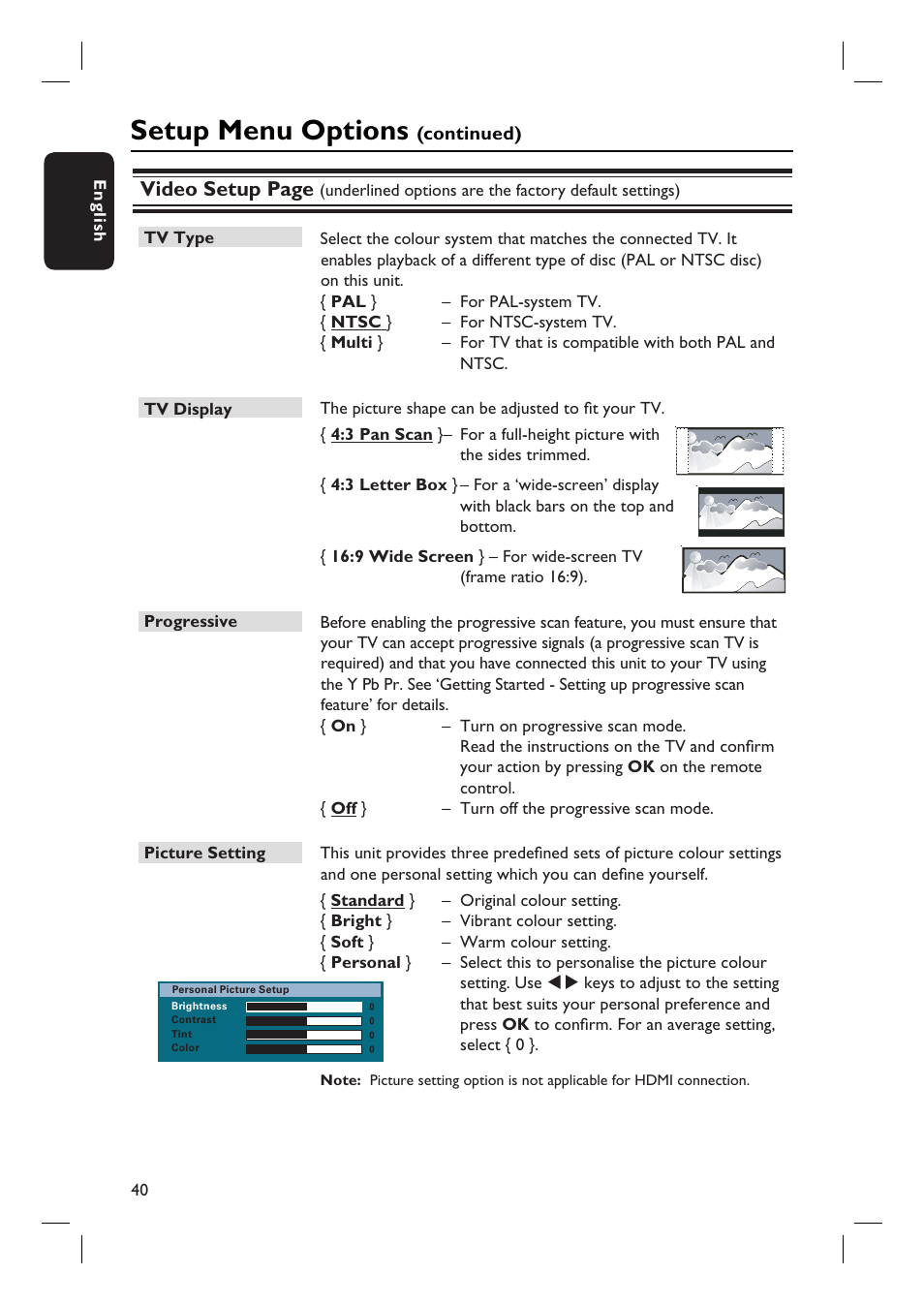 Setup menu options, Video setup page | Philips HTS3548W User Manual | Page 40 / 55