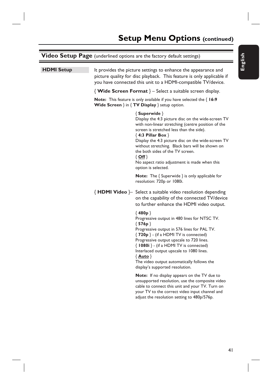 Setup menu options | Philips HTS3548W User Manual | Page 41 / 55