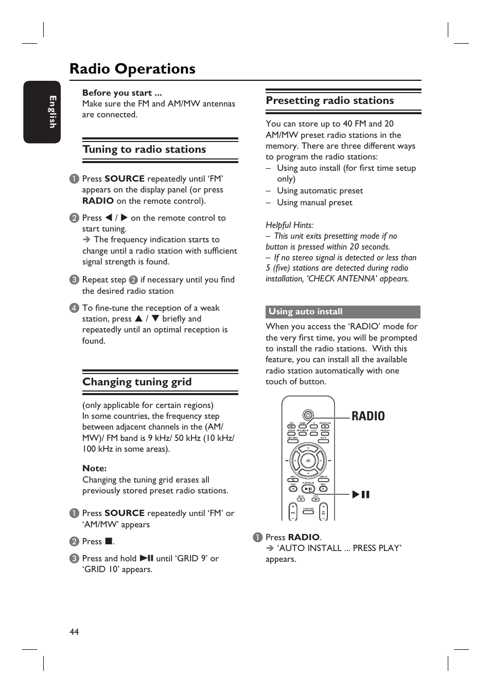 Radio operations, Radio | Philips HTS3548W User Manual | Page 44 / 55