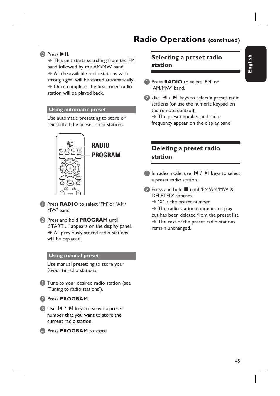 Radio operations, Radio program | Philips HTS3548W User Manual | Page 45 / 55