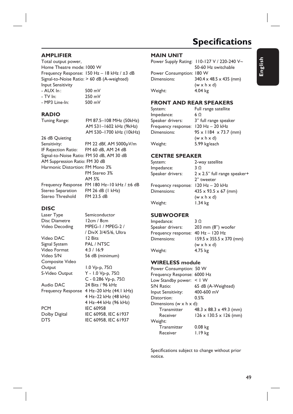 Specifi cations | Philips HTS3548W User Manual | Page 49 / 55