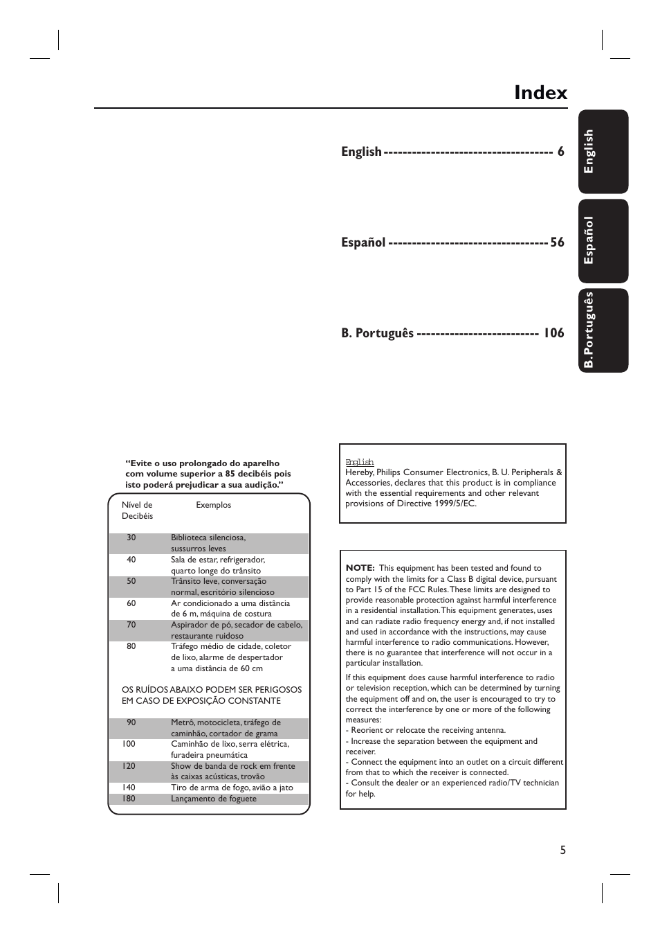 Index, English español b. português | Philips HTS3548W User Manual | Page 5 / 55