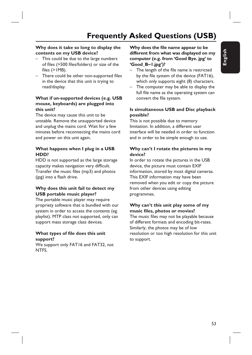 Frequently asked questions (usb) | Philips HTS3548W User Manual | Page 53 / 55