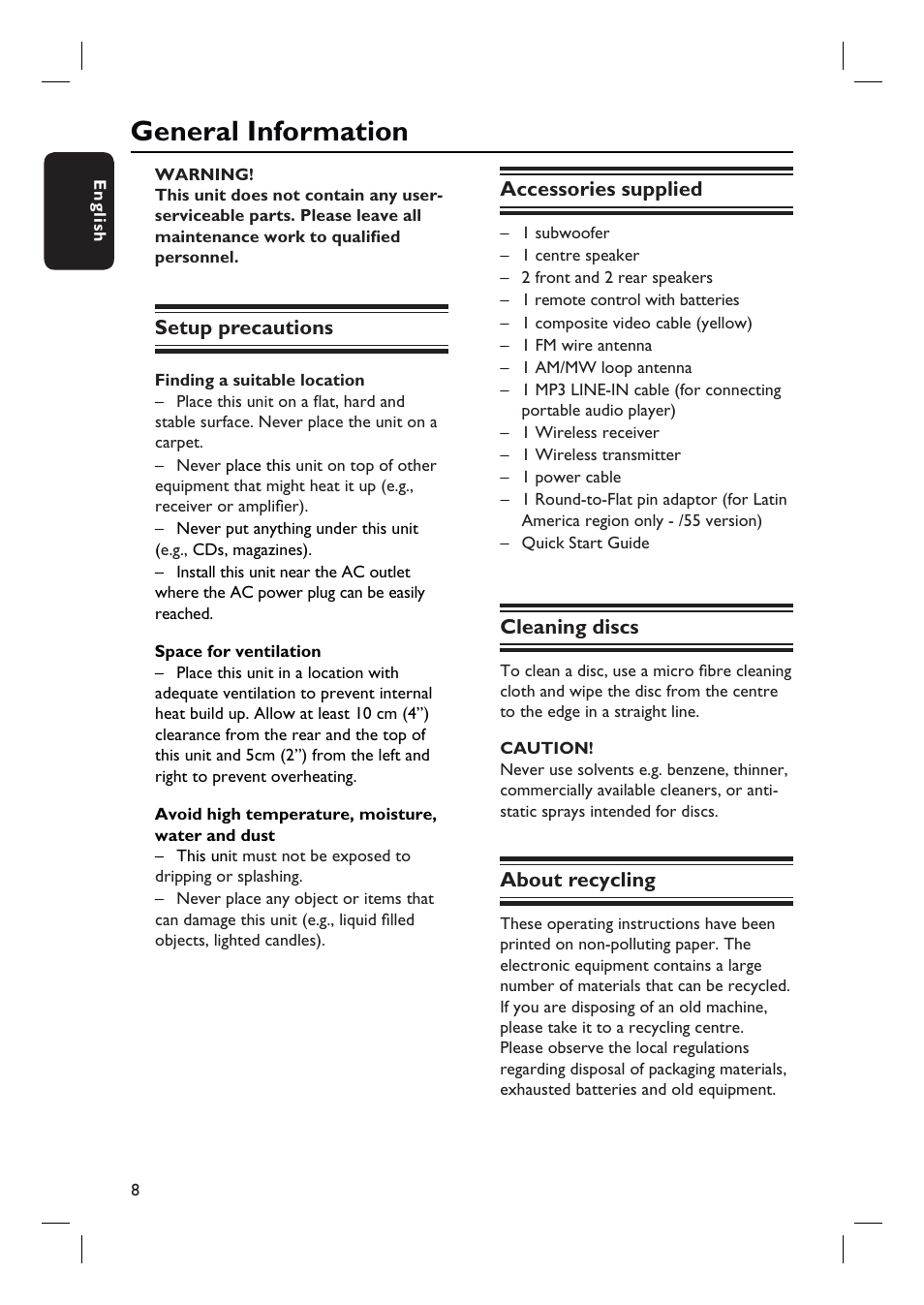 General information | Philips HTS3548W User Manual | Page 8 / 55