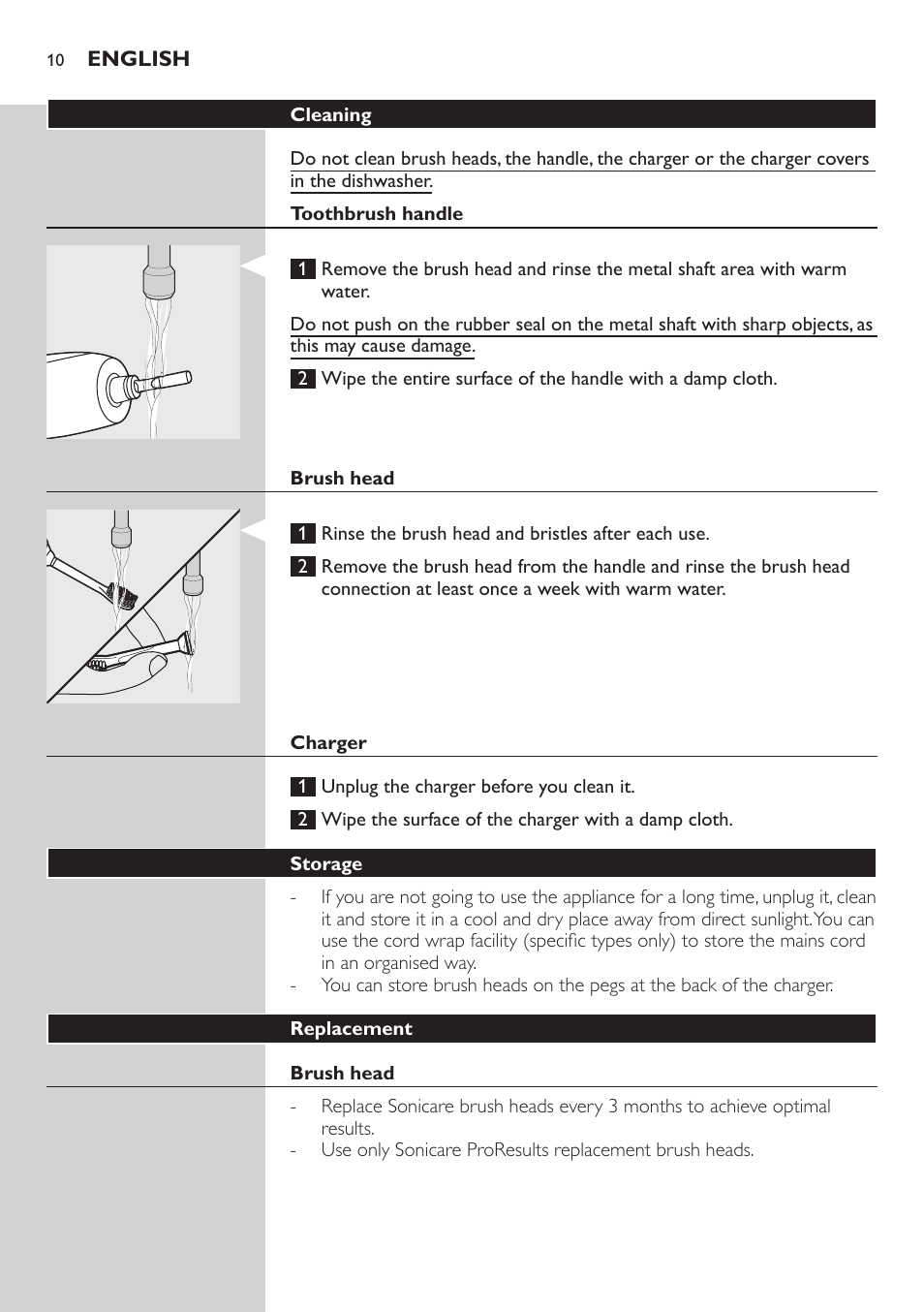 Cleaning, Toothbrush handle, Brush head | Charger, Storage, Replacement | Philips 700 Series User Manual | Page 10 / 42