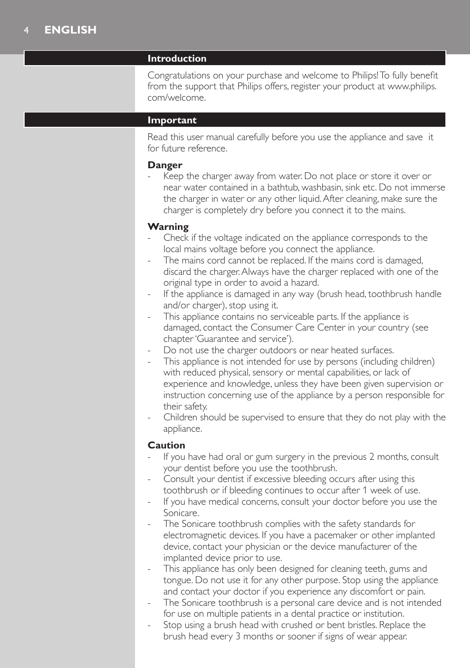 English, Introduction, Important | Danger, Warning, Caution | Philips 700 Series User Manual | Page 4 / 42