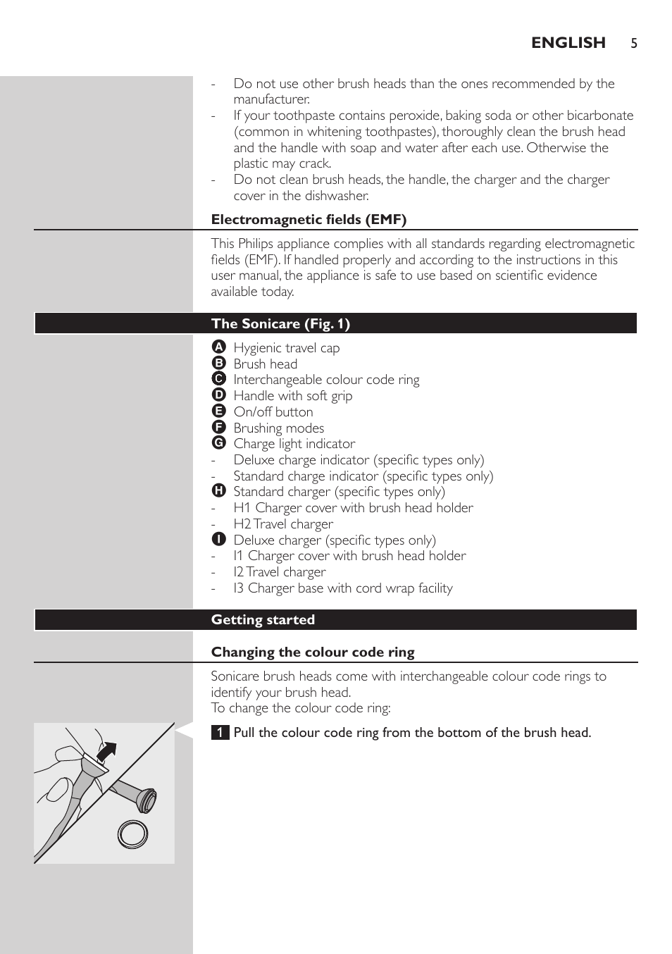 Electromagnetic fields (emf), The sonicare (fig. 1), Getting started | Changing the colour code ring | Philips 700 Series User Manual | Page 5 / 42