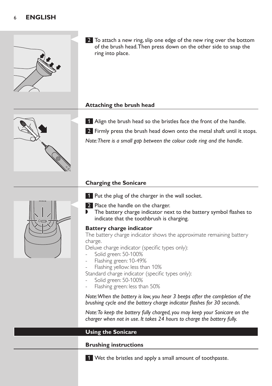 Attaching the brush head, Charging the sonicare, Battery charge indicator | Using the sonicare, Brushing instructions | Philips 700 Series User Manual | Page 6 / 42