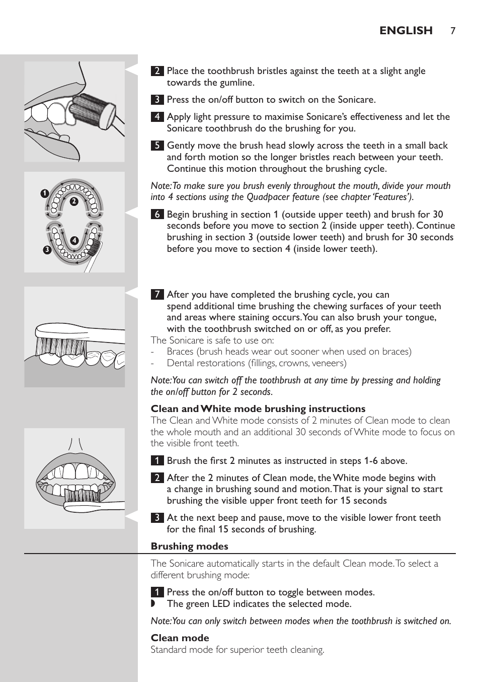 Clean and white mode brushing instructions, Brushing modes, Clean mode | Philips 700 Series User Manual | Page 7 / 42