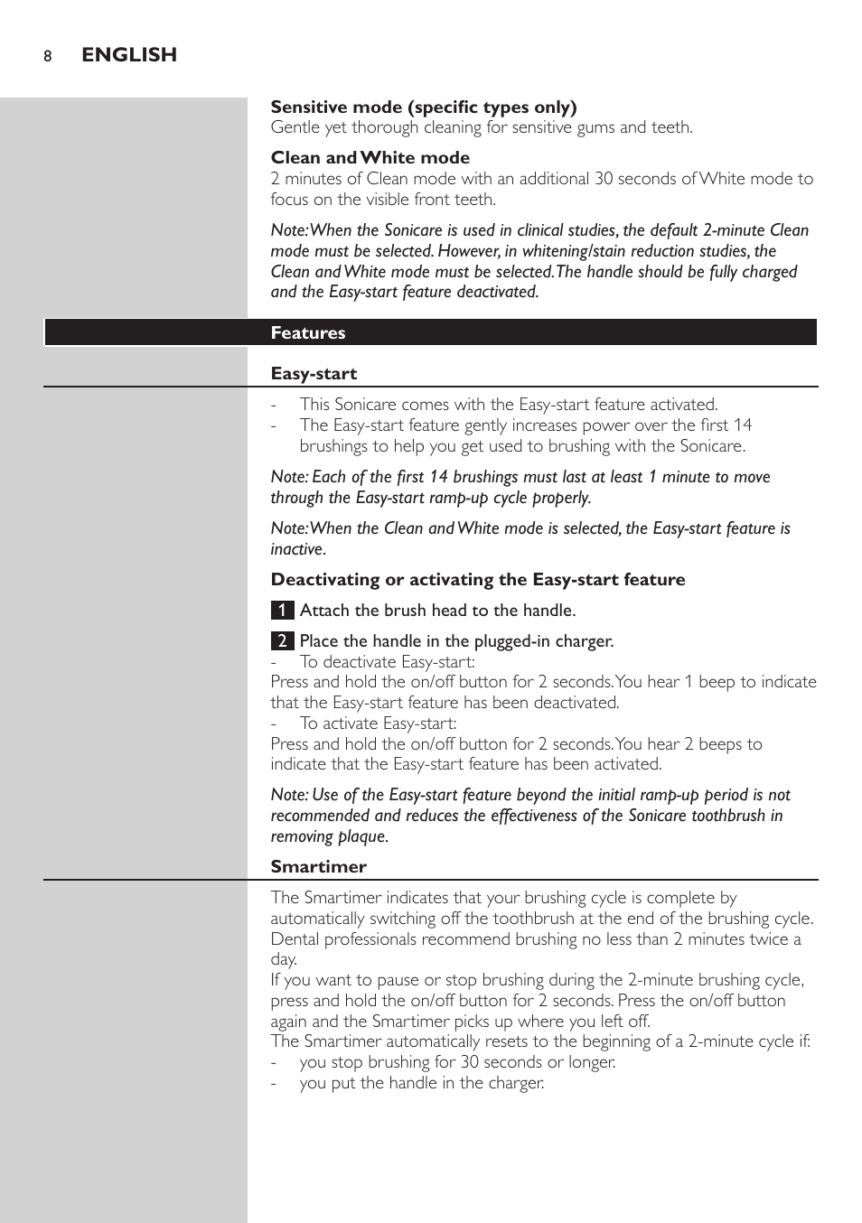 Sensitive mode (specific types only), Clean and white mode, Features | Easy-start, Deactivating or activating the easy-start feature, Smartimer | Philips 700 Series User Manual | Page 8 / 42