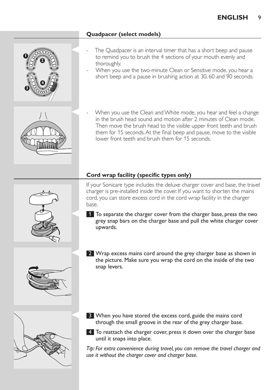 Quadpacer (select models), Cord wrap facility (specific types only) | Philips 700 Series User Manual | Page 9 / 42