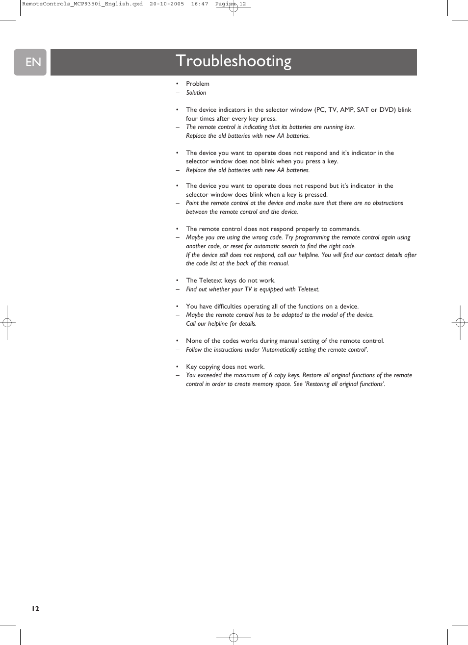 Troubleshooting | Philips RC4370 User Manual | Page 12 / 20