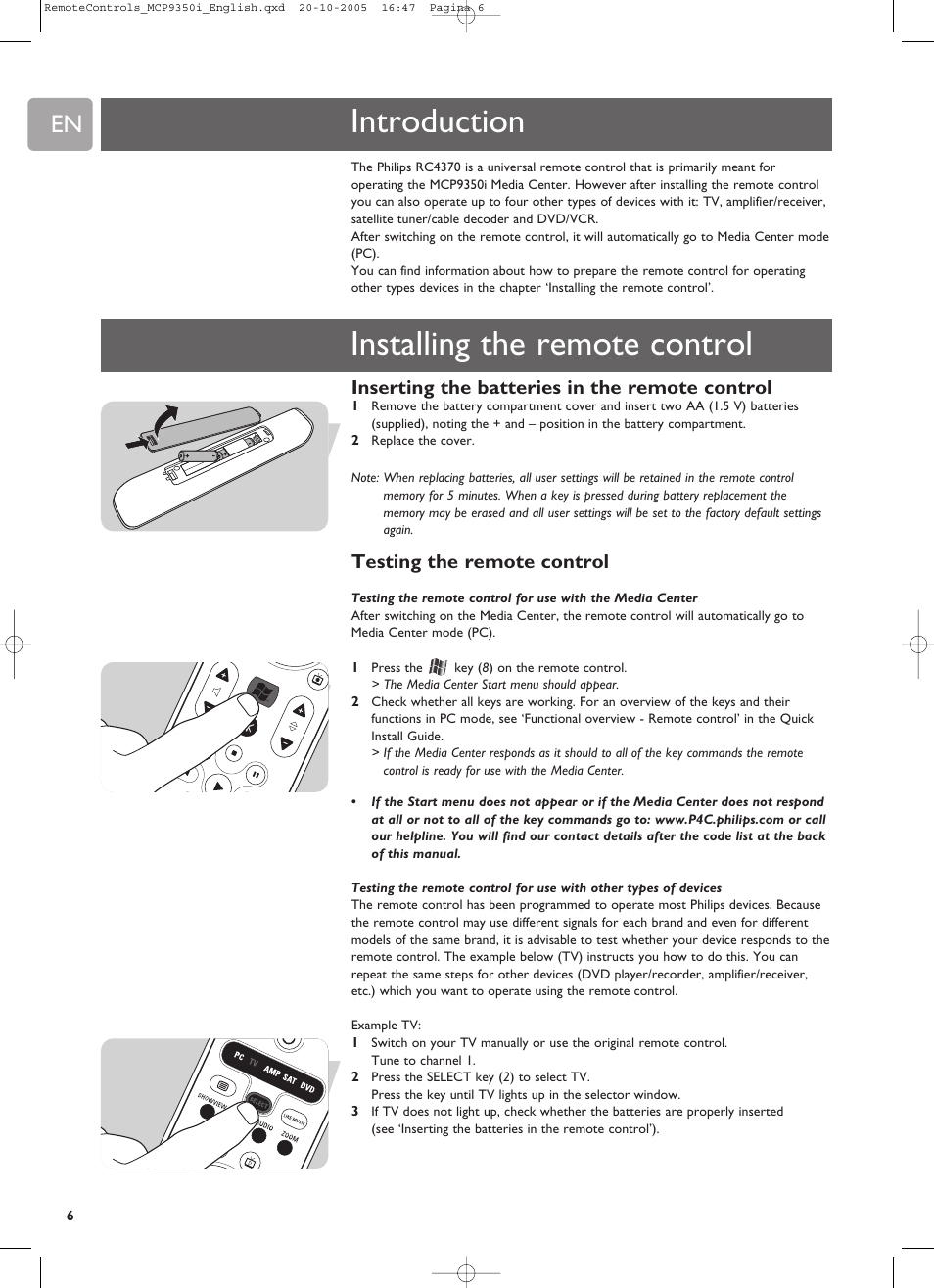 Introduction, Installing the remote control, Inserting the batteries in the remote control | Testing the remote control | Philips RC4370 User Manual | Page 6 / 20