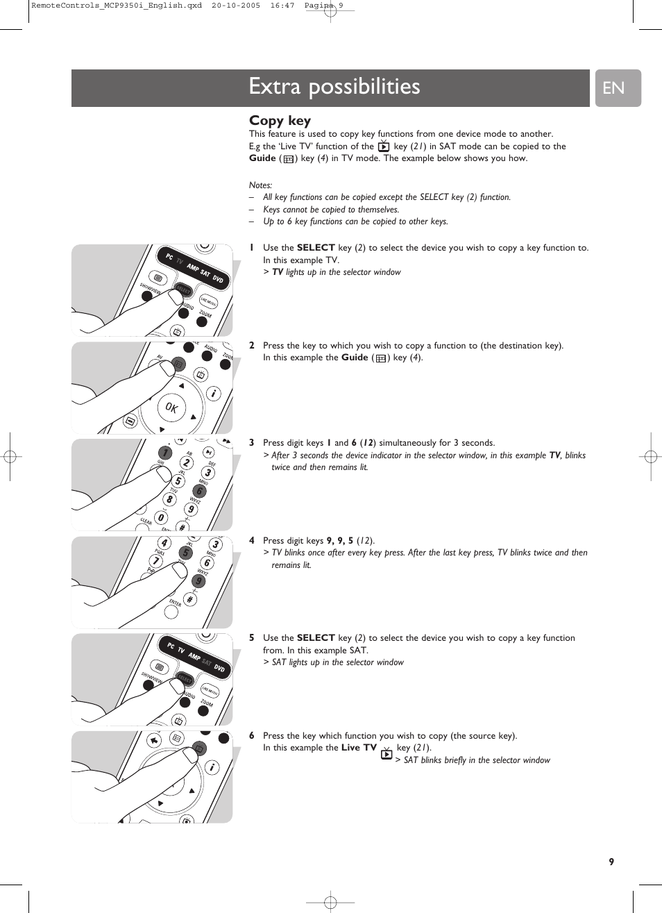 Extra possibilities, Copy key | Philips RC4370 User Manual | Page 9 / 20