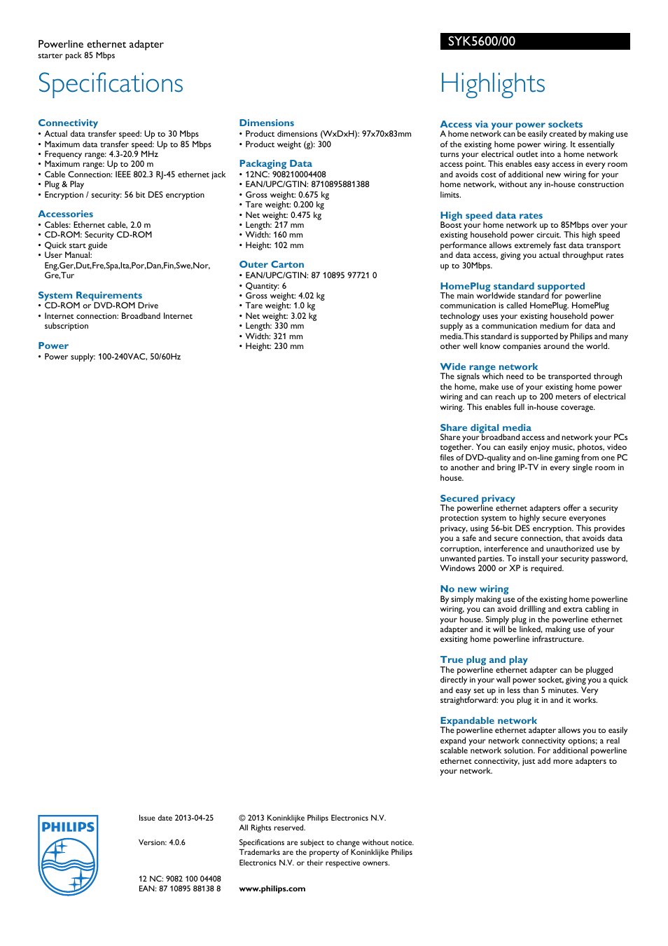 Specifications, Highlights | Philips SYK5600 User Manual | Page 2 / 2