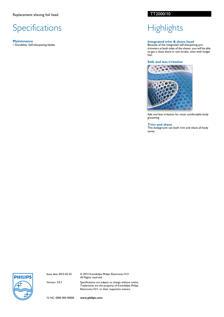 Specifications, Highlights | Philips TT2000 User Manual | Page 2 / 2