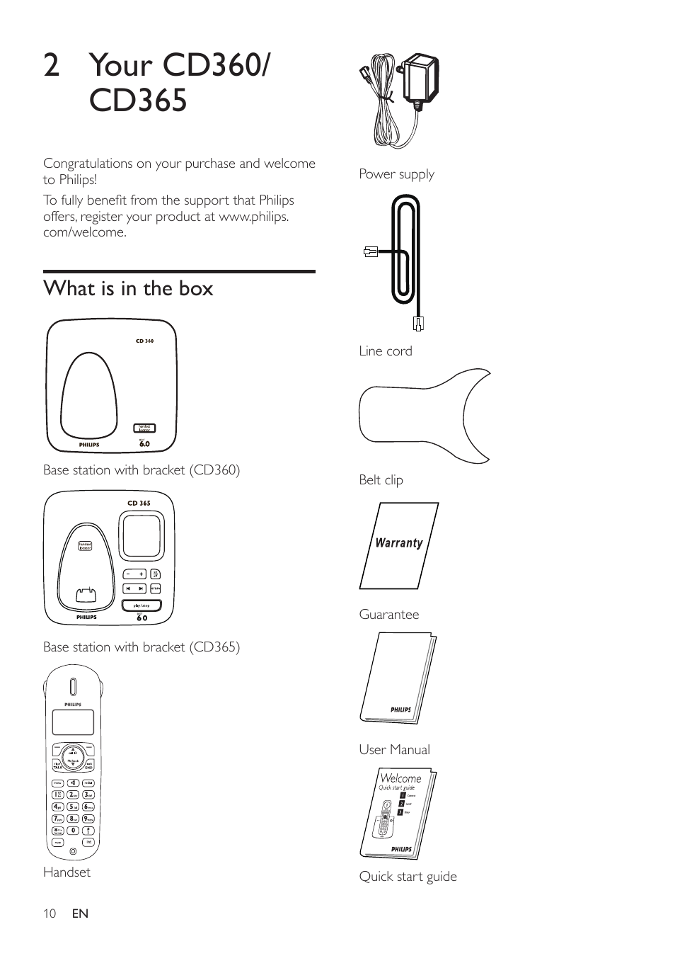 2 your cd360/cd365, What is in the box | Philips CD360 User Manual | Page 10 / 44