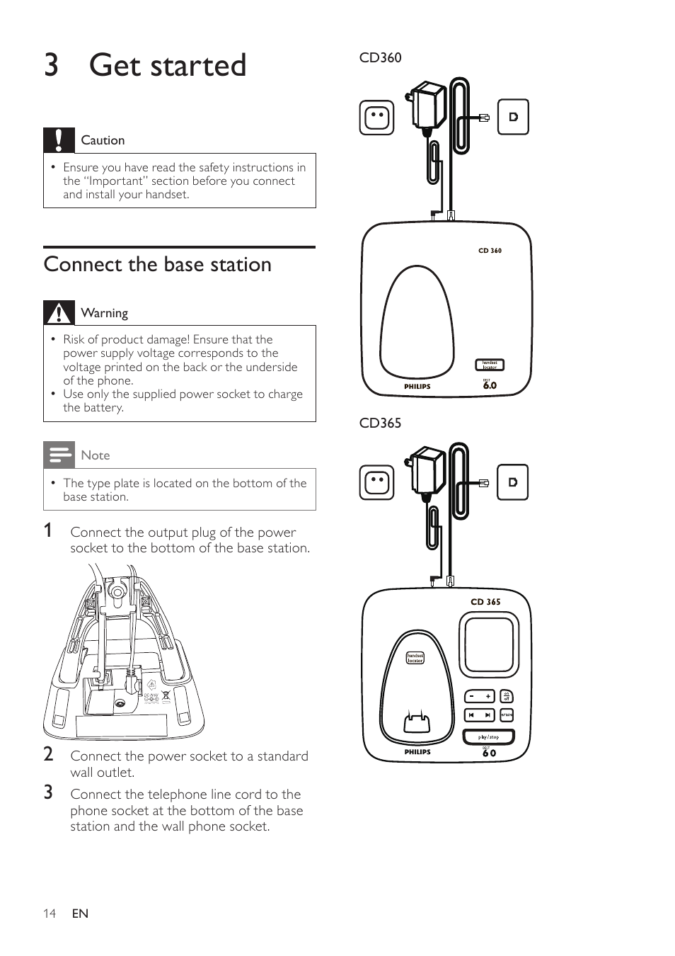 3 get started, Connect the base station | Philips CD360 User Manual | Page 14 / 44