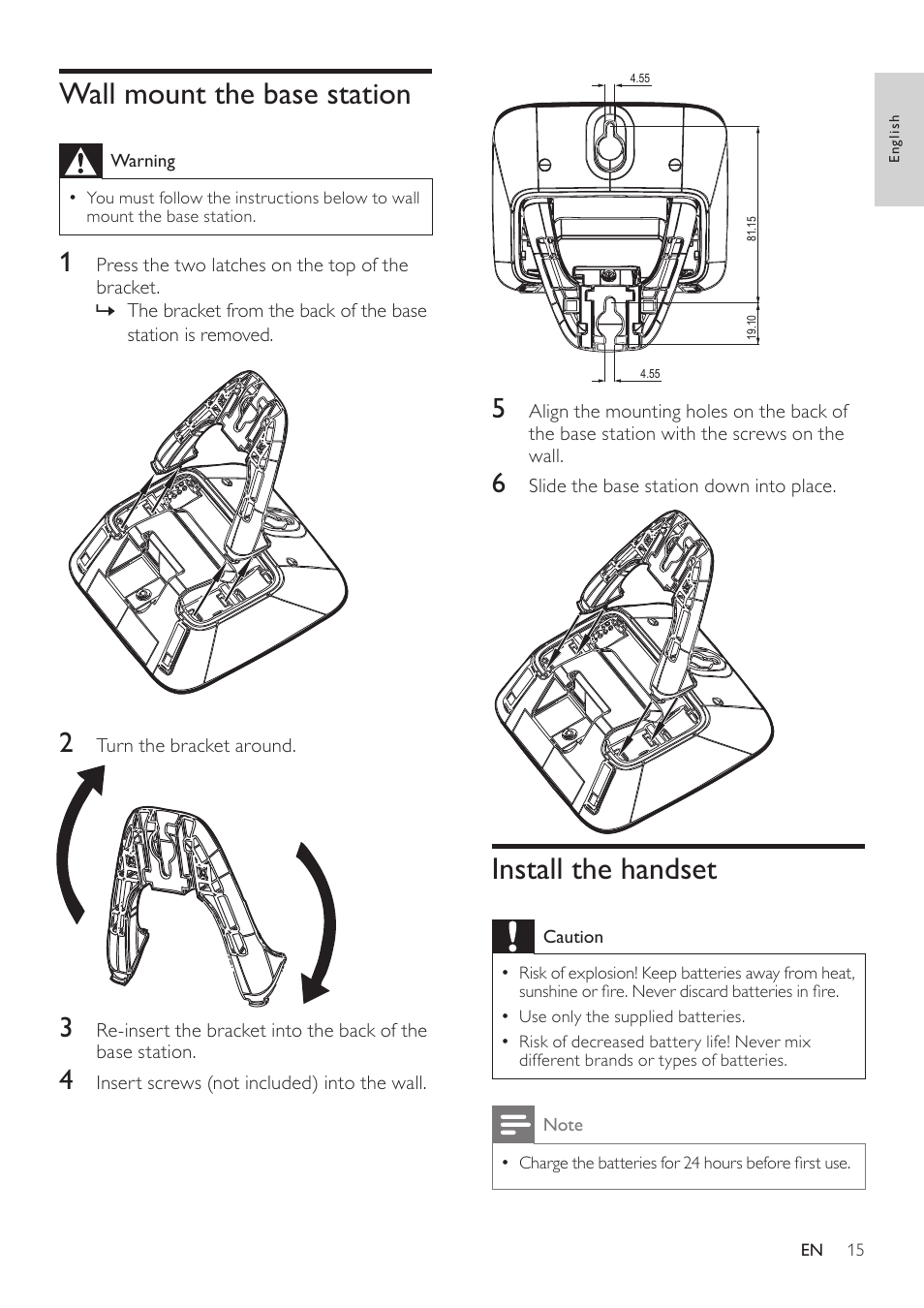 Wall mount the base station, Install the handset | Philips CD360 User Manual | Page 15 / 44
