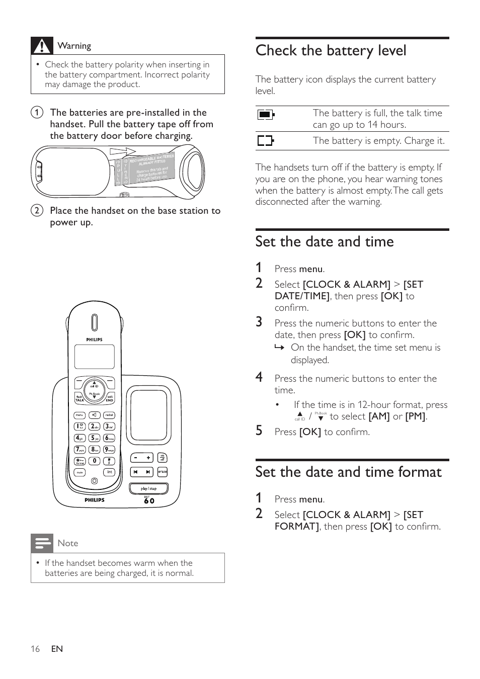Check the battery level, Set the date and time, Set the date and time format | Philips CD360 User Manual | Page 16 / 44