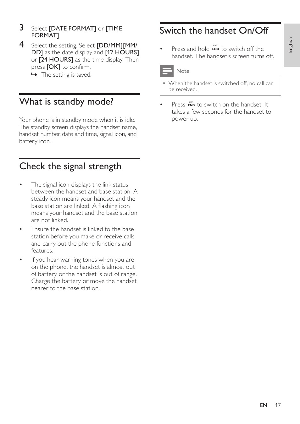 What is standby mode, Check the signal strength, Switch the handset on/off | Philips CD360 User Manual | Page 17 / 44