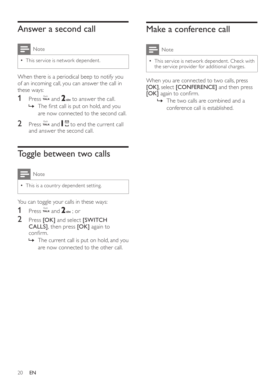 Answer a second call, Toggle between two calls, Make a conference call | Philips CD360 User Manual | Page 20 / 44