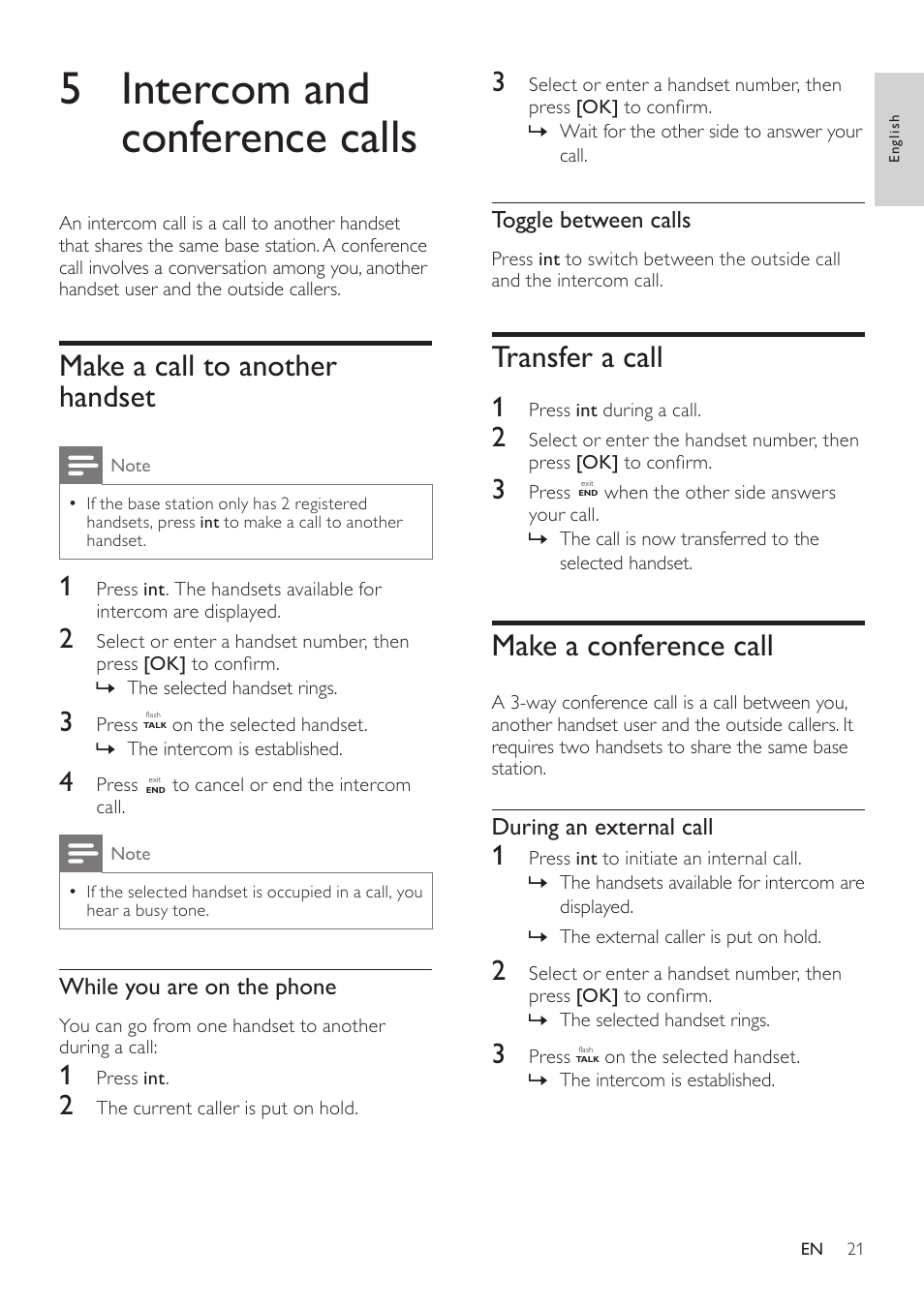 5 intercom and conference calls, Make a call to another handset, Transfer a call | Make a conference call | Philips CD360 User Manual | Page 21 / 44