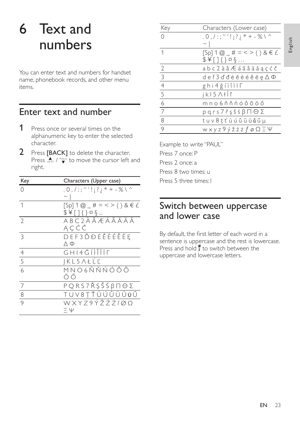 6 text and numbers, Enter text and number, Switch between uppercase and lower case | Philips CD360 User Manual | Page 23 / 44