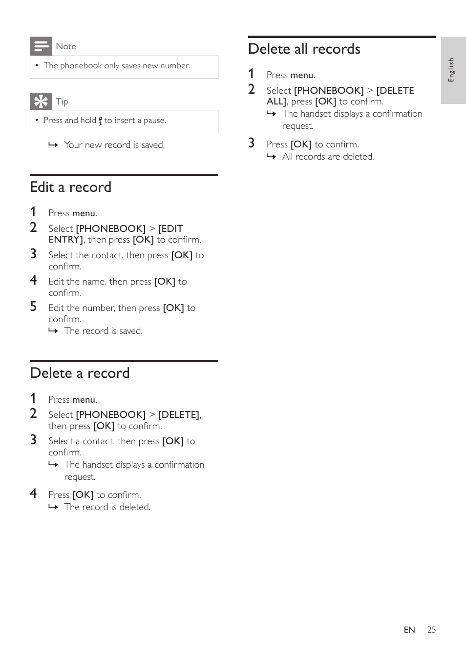 Edit a record, Delete a record, Delete all records | Philips CD360 User Manual | Page 25 / 44