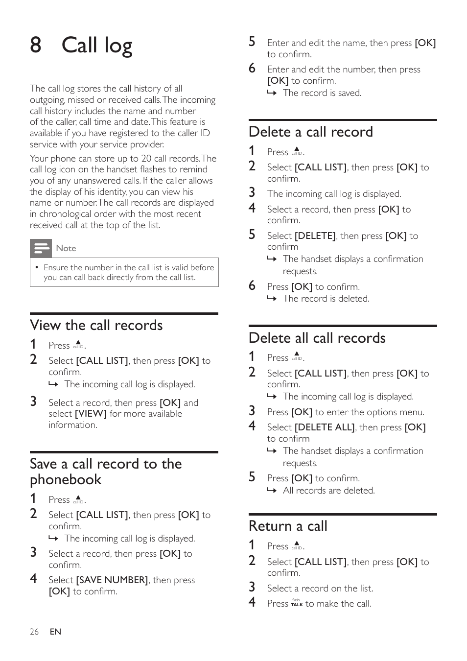 8 call log, View the call records, Save a call record to the phonebook | Delete a call record, Delete all call records, Return a call, Save a call record to the phonebook 26 | Philips CD360 User Manual | Page 26 / 44