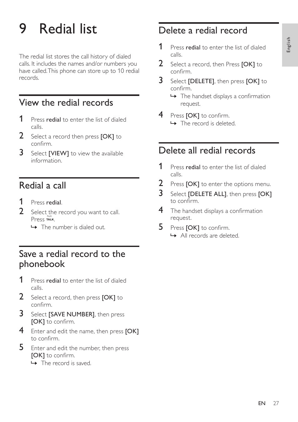 9 redial list, View the redial records, Redial a call | Save a redial record to the phonebook, Delete a redial record, Delete all redial records, Save a redial record to the phonebook 27 | Philips CD360 User Manual | Page 27 / 44