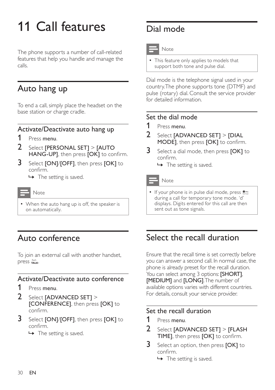 11 call features, Auto hang up, Auto conference | Dial mode, Select the recall duration | Philips CD360 User Manual | Page 30 / 44