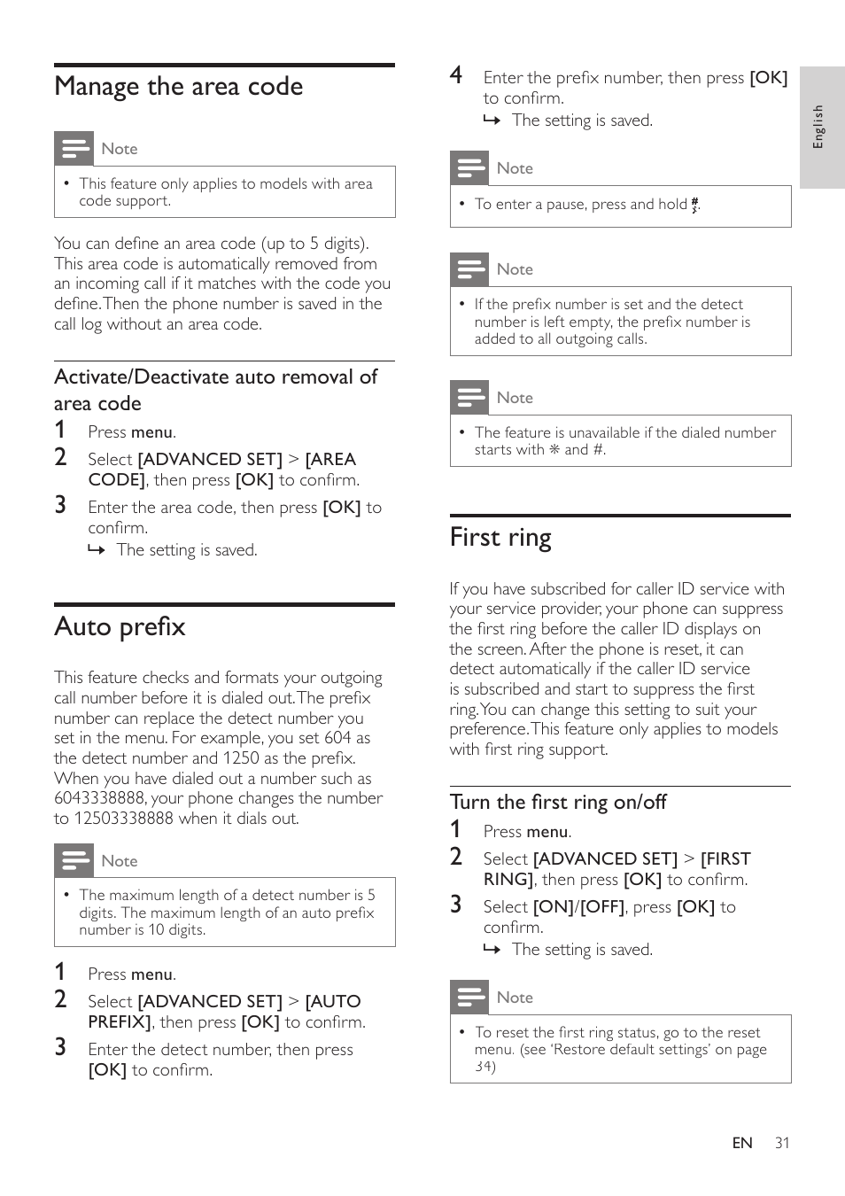 Manage the area code, Auto prefix, First ring | Philips CD360 User Manual | Page 31 / 44