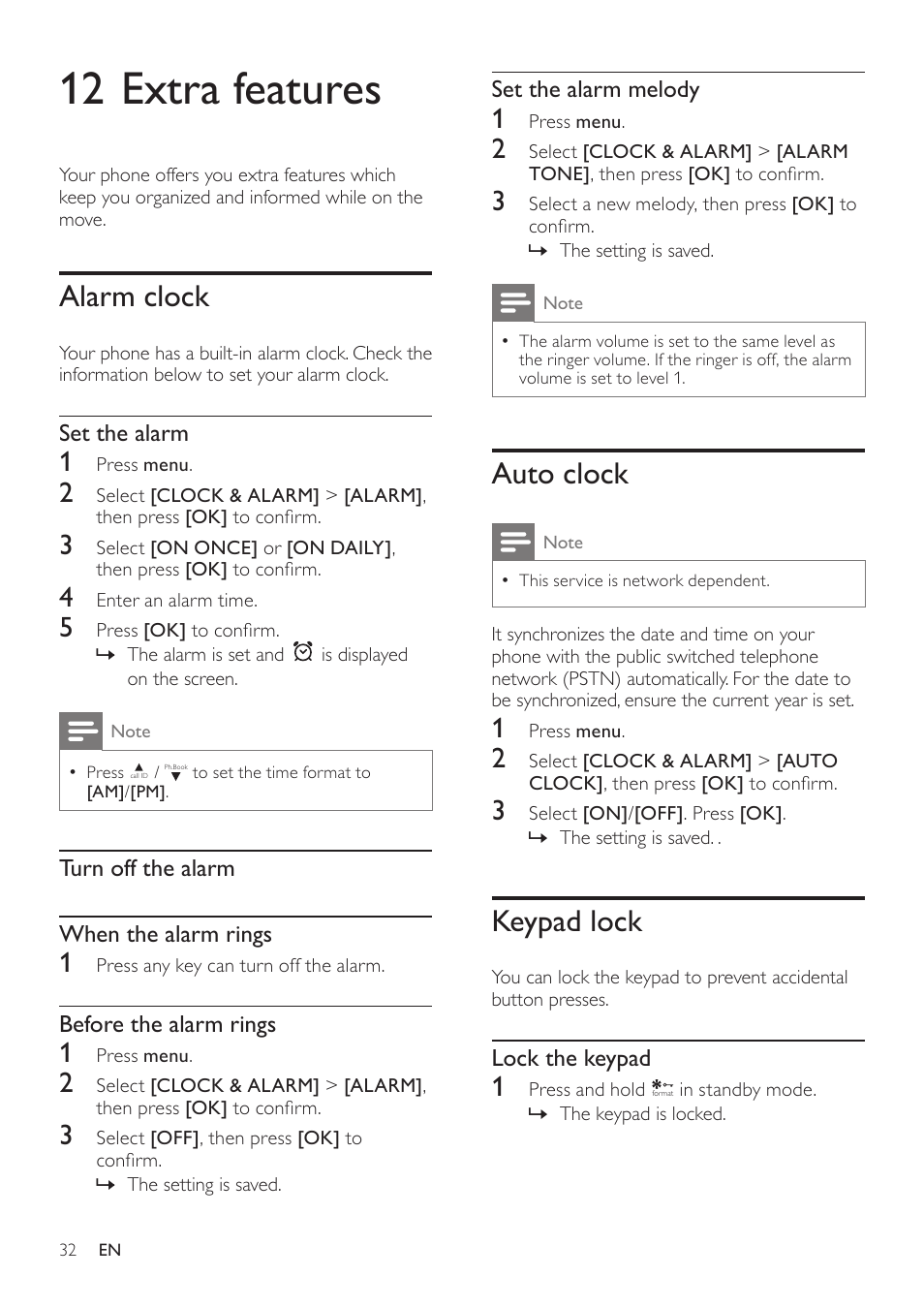12 extra features, Alarm clock, Auto clock | Keypad lock | Philips CD360 User Manual | Page 32 / 44
